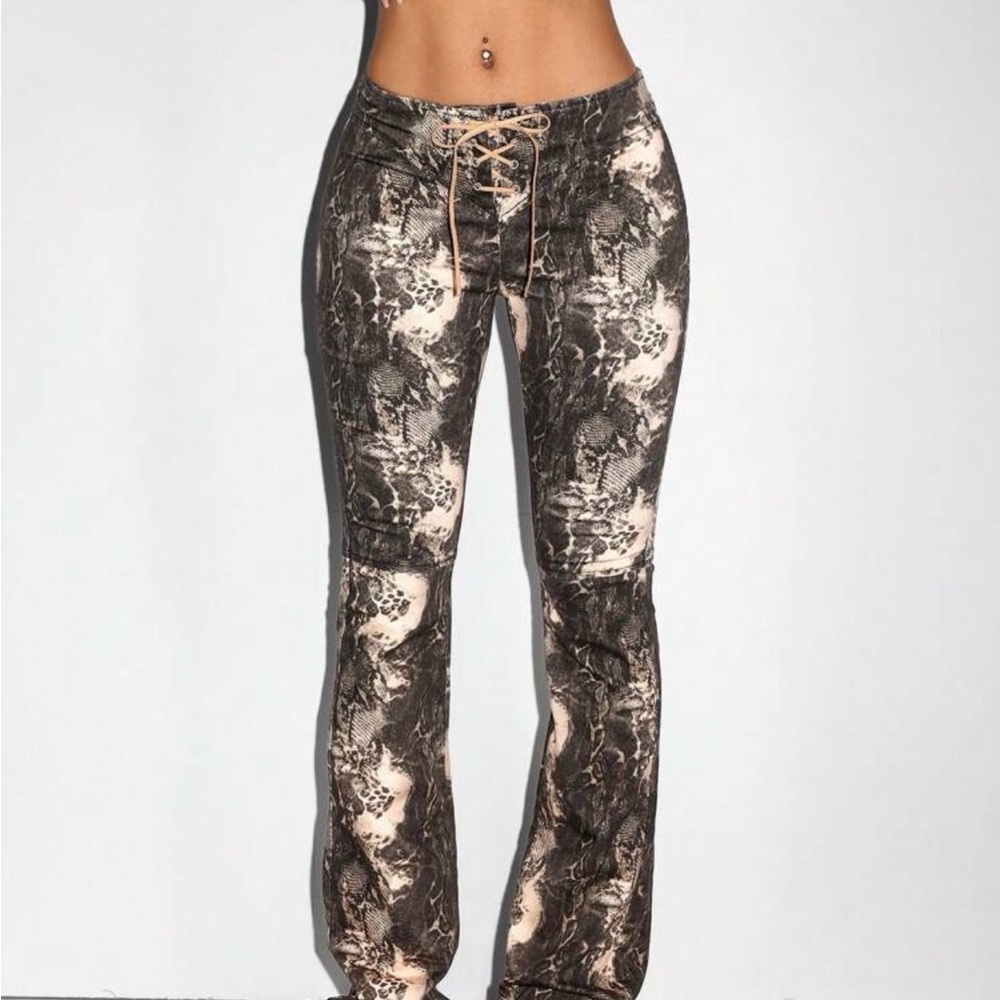 Snake-Print Lace-Up Women’s Flare Pants in Black and Cream
